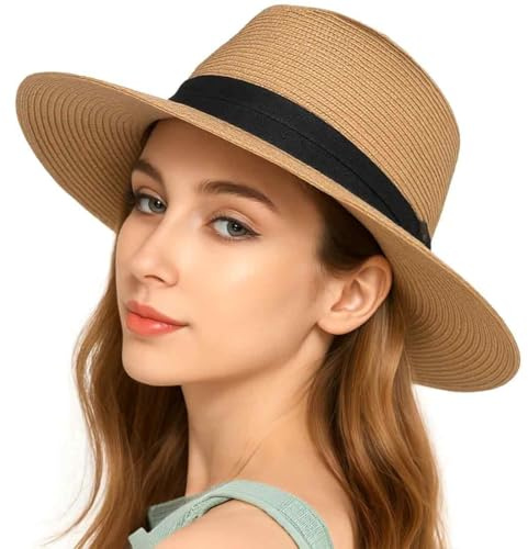 KUMSODE Donna Cappello Panama Cappello da Spiaggia in Paglia Fedora Cappello Arrotolato in Paglia a Tesa Larga Cappelli Panama UPF 50+