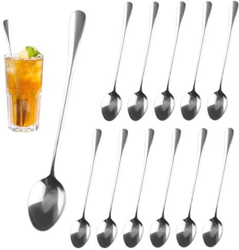 12 Pezzi Latte Macchiato Set di Cucchiai (19,5x3cm), Cucchiaini Lunghi in Acciaio Inox, Cucchiaio Confettata, Cucchiaio da Gelato, Cucchiaino Lungo per Tè Freddo, Frullato, Sundae e Cocktail