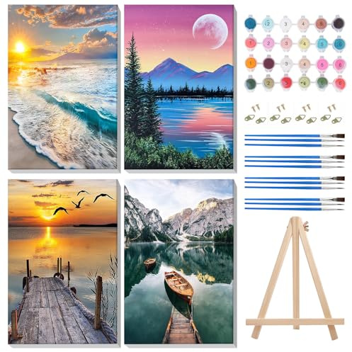 MISCER 4 Pack Cordillera Pintar con Numeros con Marco, Paisaje Pintura Pintar por Numeros Adultos Niños,Pintura DIY en Acrílico u Óleo, Adecuada para Decoración del Hogar 20X30cm