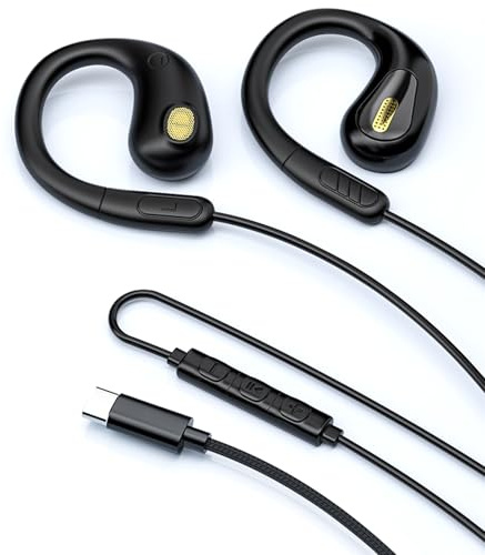 fesoklaf Auriculares de oído abierto con cable USB C con ganchos para las orejas, auriculares para correr con micrófono y control en línea, conducción de aire, auriculares estéreo con cable para