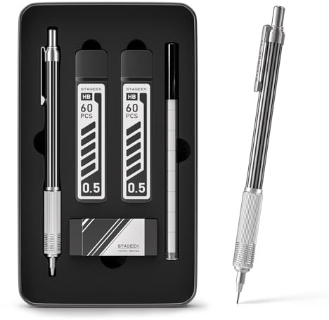 STAGEEK - 0,5 mm mechanischer Bleistift mit Metall-Geschenketui, 1 Metall-Bleistift mit 120 HB-Bleistiftminen, 4B Radiergummis und 9 Radiergummi-Ersatzteilen, zum Schreiben, technisches Zeichnen