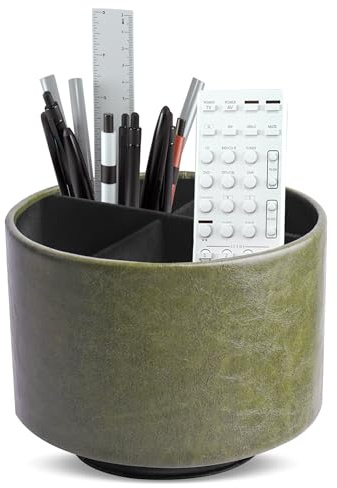 Mtzmy Rund Stiftehalter,Leder,360° drehbar,Fernbedienungshalter, drehbarer Nachttisch, TV-Fernbedienung, Schreibtisch-Organizer für Stifte, Bürobedarf, Aufbewahrungsbox(1-Ölgrün2)