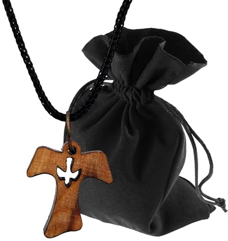 Lunexus Collier en bois d'olivier avec croix et colombe - Fait main à Bethléem - Pendentif chrétien béni avec certificat - Symbole Saint-Esprit Paix avec cordon de 80 cm et pochette en velours