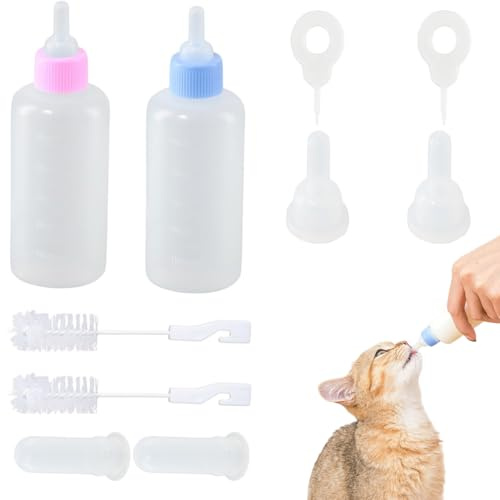 BEAHING Kitten Bottle Feeding Kit, Small Kitten Bottle with Cleaning Brush and Replacement Nipples for Newborn Pets Puppies Rabbits Small Animals