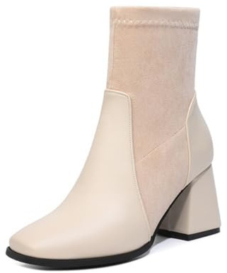 Generico Stivaletti Donna Punta Quadrata Tacco Largo Tessuto Misto Elasticizzato Slip On Comodi Antiscivolo Resistenti Eleganti per Quotidiano Ufficio Casual,Beige,37 EU