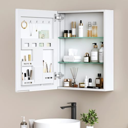 EMKE Bathroom Mirror Cabinet 500×650×145 mm, Aluminium Bathroom Cabinet with Mirror, White Matte, Door with Extra Storage, 2 Adjustable Glass Shelves, Pre-assembled, Wall-Mounted