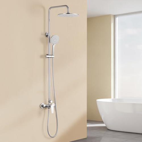Auralum Columna de Ducha con Grifo, Rociador Redondo Ø250 mm, Teleducha 3 Modos, Barra de Ducha Acero Inoxidable Ajustable, Compatible con Instalación Existente, Alta Presión, Diseño moderno, Cromo