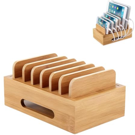 Stazione di ricarica in legno per più dispositivi, organizzatore a 6 scomparti, docking station portatile, caricatore per tablet, computer