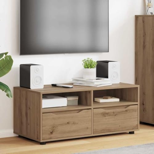 Boltkex TV-skåp, Lowboard Artisan-ek av trämaterial, 100 x 48 x 43 cm, 2 lådor med kullager, 2 hyllor, för vardagsrum, hemmabio, förvaringsutrymme för mottagare och spelkonsol