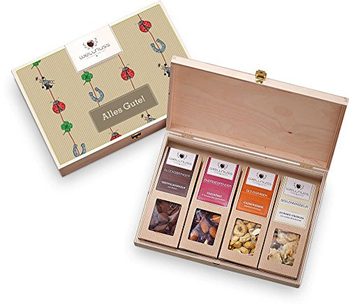 WELLNUSS ,,Alles Gute“ Gourmet Geburtstagsgeschenk I Feinkost Geschenkset zum Geburtstag für Frauen & Männer I In hochwertiger Birkenholzbox I 4 außergewöhnliche Nussmischungen & Schokoladen-Snacks