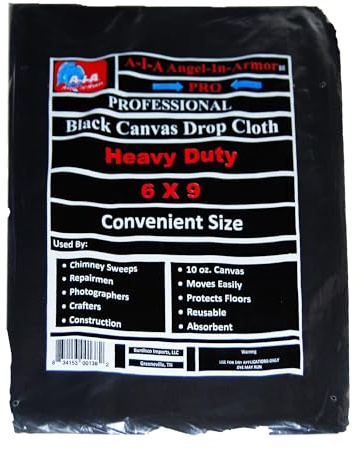 Angel-in-Armor Black Canvas Drop Cloth – 6ft x 9ft Heavy Duty 10oz Canvas Tarp – Hemmed, Reusable Drop Cloth for Chimney Cleaning, Photography Backdrop, Decor, and Dry Applications Only
