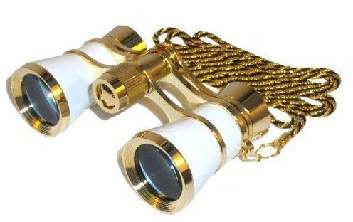 HQRP 3x25 Opera Glasses Theater Binoculars, White pearl color with Golden Necklace Chain, Crystal Clear Optic (CCO), or Adults Kids Women in Musical Concert sport Events, Gift Box