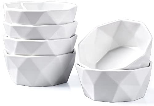 DELLING Ramekins 8 oz, Creme Brulee Ramekins, Porcelain Ramekins Oven Safe, Geometric Style Ramekins for Baking Souffle, Ice Cream, Snack, Charcuterie Bowls, Set of 6, White