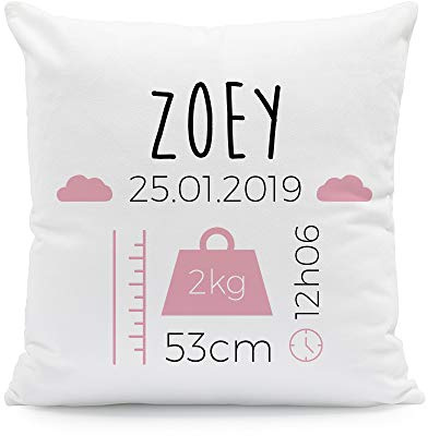 CADEAUX.COM - Coussin Personnalisé Informations Naissance - Rose - Coussin 40x40 cm avec Prénoms Personnalisables - Cadeau Naissance - Bébé