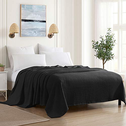 Sweet Home Collection Manta 100% algodón Fino, Tejido de Cesta de Lujo, diseño Elegante, Suave y cómoda para Todas Las Estaciones, cálida, matrimonial/Queen, Color Negro