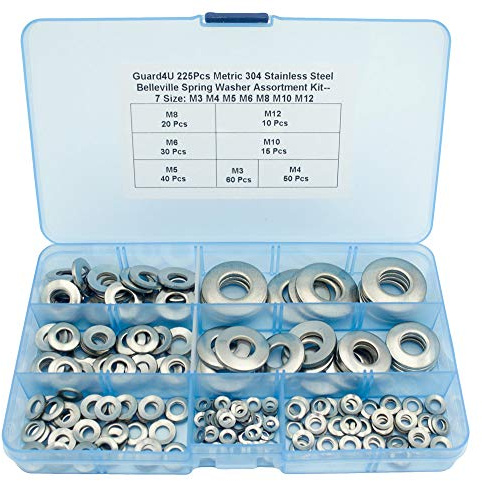 Guard4U 225Pcs Metric 304 Stainless Steel Belleville Spring Washer/Conical Spring washers Assortment Kit- 7 Size: M3 M4 M5 M6 M8 M10 M12