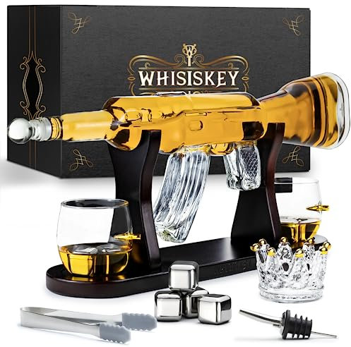 WHISISKEY Decanter per Whisky - Set Whisky Regalo - Idee Regalo Uomo Compleanno - Decanter 1000ML, Scatola Regalo, 2 Bicchieri da Whisky x 285ML, 4 Pietre di Whisky, Accessori