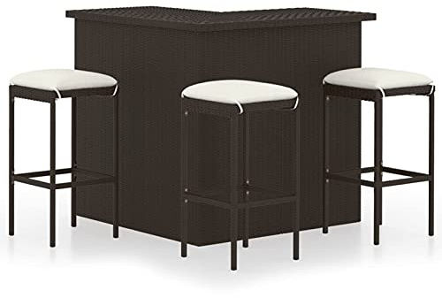 Tidyard 4-TLG. Gartenbar Set mit Kissen Theke Bar Tresen Gartentheke Bartisch Stehtisch Barhocker Barstuhl Gartenmöbel Poly Rattan Braun