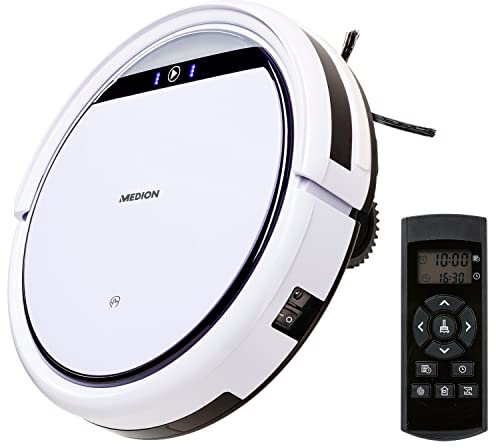 MEDION Saugroboter mit Ladestation E32 (Roboterstaubsauger für Hartböden, Fliesen, Laminat, Tierhaar optimiert, Direktabsaugung, autom. Rückkehr zur Ladestation)