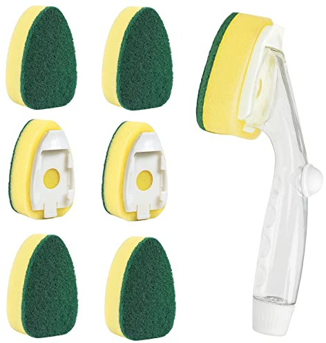 Soap Control Handle Dishwand Refills, 6 Sponges Heads Dish Wand Refill Replacement, Heavy Duty Non-Scratch Scrubber Dispensing Scrub Brush, Dishwashing Dispenser Sink Dishwasher Pads Cleaning Tool