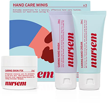 Nursem Hand Care Minis Set, Hand Wash, Hand Cream & Skin Fix, Soothes, Moisturises, Nourishes & Repairs Dry, Sensitive or Hard-Working Hands, Mini Gift Set, Vegan, Dermatologically Tested