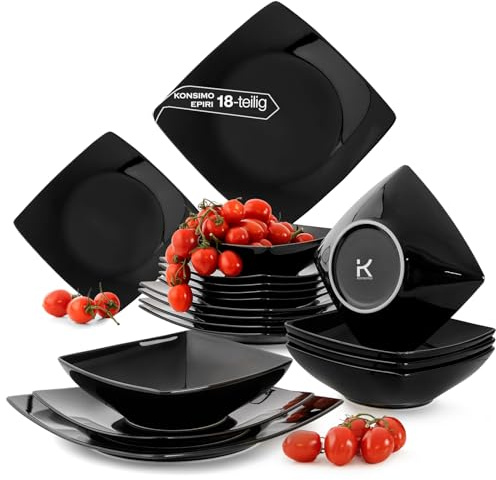 KONSIMO EPIRI Geschirrset 6 Personen, 18-teiliges Tafelservice aus Steinzeug – Modernes Teller Set mit Speisetellern, Frühstückstellern & Schalen Geschirr Set (Schwarz Glanz, für 6 Personen)