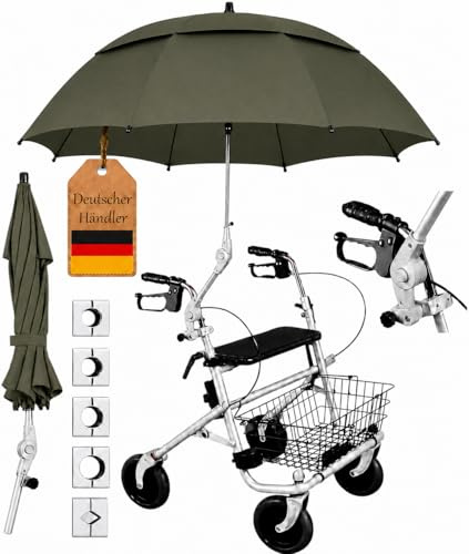 FabaCare Rollatorschirm Protektor 2.0 – Air-Vent Modell 2026 (Doppeldachsystem) – windstabiler Regenschirm & Sonnenschirm mit Halterung für Rollatoren – passend für Rundrohre & Ovalrohre, Braungrün