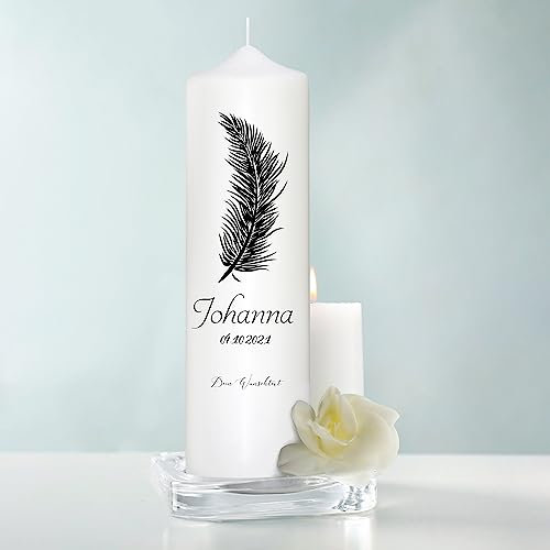 Wandtattoo Loft Trauerkerze personalisiert mit Namen und Datum, Motiv mit schwarzer Feder, 25cm x 7cm, personalisierte Trauerkerze, Kondolenzkerze, Beileidskerze, Trauerlicht, Grabkerze