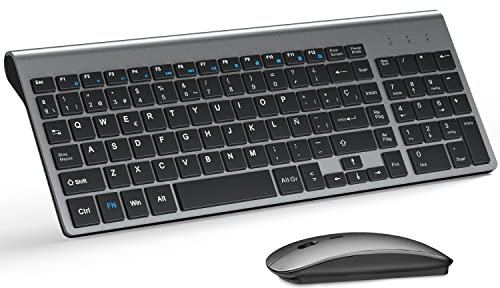 TopMate Pack Teclado y Raton 2400DPI, Inalámbricos Ultra Delgado, 2.4G Compacto Silencioso Teclado de Tamaño Completo con Cubierta, 2 Pilas AA y AAA, para PC/Laptop/Windows-Gris Negro