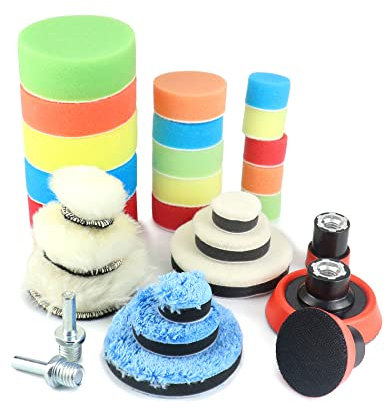 QWORK® 29 Pezzi AutoTamponi per lucidatura, 30 mm 50 mm 80 mm Kit di lucidatura per Trapano, con platorello per Filettatura M14 e adattatori, Kit per lucidatrici per Auto
