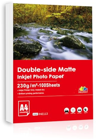 Inkuway A4 dubbelsidig matt bläckstråle-fotopapper – 230 g/m² 100 ark bläckstråle-papper för broschyrer, fotobokskort, bläckstråle-utskrivbart