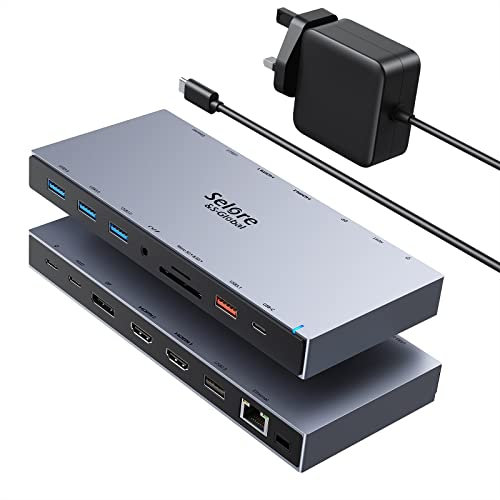 USB C Docking Station with 65W Power Charger, Docking Station 2 HDMI DisplayPort Laptop Dock Dual Monitor with Power Adapter 2 HDMI DP 10Gbps USB 3.1 RJ45 Audio SD/TF for Dell HP Microsoft