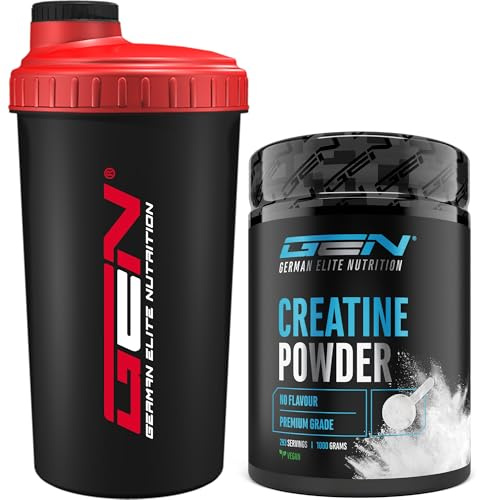 GEN GERMAN ELITE NUTRITION Creatin Pulver 1kg + Shaker | Creatine Monohydrat Pulver, Optimale Löslichkeit & mikrofein, Vegan, 293 Anwendungen