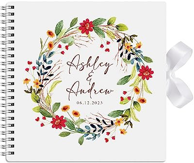 Personalised Wedding Guest Book Large Hard Cover Keepsakes with Ribbon, Signature Scrapbook, Photo Album Wreath Design - 30cm x 30cm - 50 Sheets