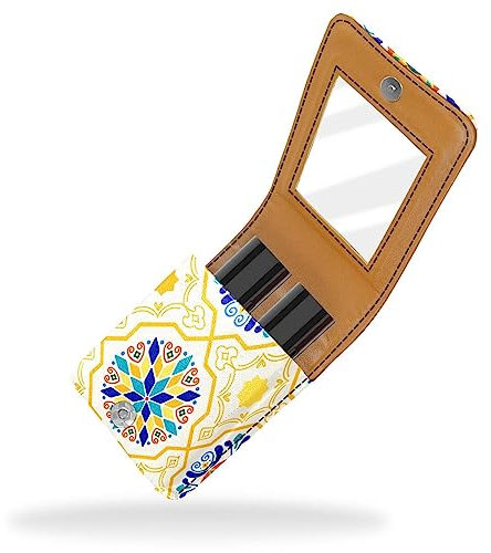 Damen-Make-up-Lippenstift-Etui aus PU-Leder, Lippenstift-Etui mit Spiegel, süßes tragbares Make-up-Reiseetui für Geldbörse, Lippenstift-Halter,Ethnische Geometrie des marokkanischen türkischen Musters
