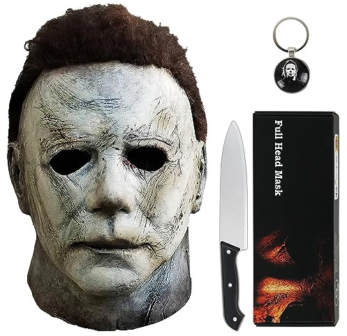 Noufun Masque Michael Myers pour Adultes - Halloween 2018, Masque Complet de Visage d'horreur Halloween en Caoutchouc Latex Avec Cheveux - Couteau et Porte-clés Inclus (2018)