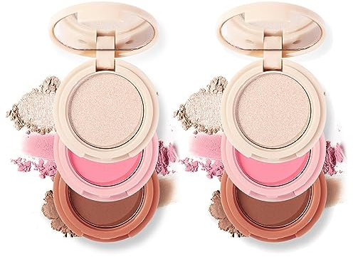 Joyeee Palette Maquillage Polyvalent, Palette de Blush et Highlighter et Contour 3 en 1, Poudre Scintillante Ultra-fine, Léger et Longue tenue, Face Palette Pour Contouring Sculpte et Illumine#1, 2PCS