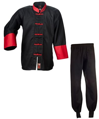 Ju-Sports Kung Fu Anzug Schwarz/Rot, Cotton 160 I Solider Kampfanzug im klassischen Schnitt I Mit Kordelknöpfen & Bündchenhose mit Elasikbund I 100% Baumwolle