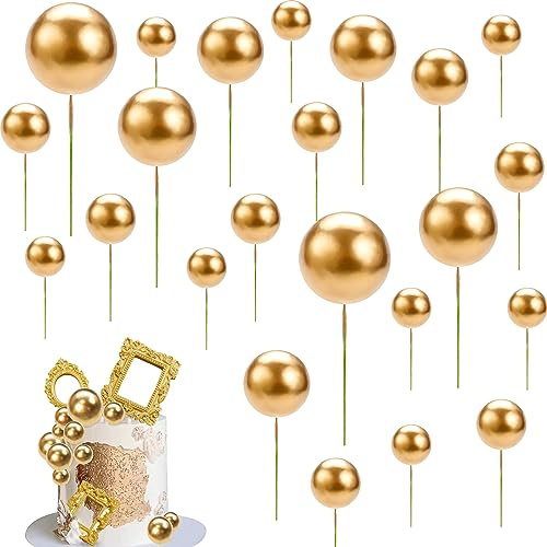 40pcs Gold Pearl Ball Cake Toppers in Six Sizes for Party Cakes | round cupcake decorations for Christmas, birthdays, weddings and baby showers