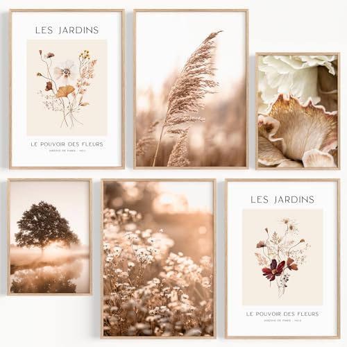 OHBIMBA® Sets Von 6 Poster & Kunstdrucke Zum Einrahmen - Zimmer Deko Und Wanddeko Wohnzimmer - Boho Deko und Bilder Schlafzimmer - Strand Wanddeko - Größe 4X A3 + 2X A4 (Les jardins)