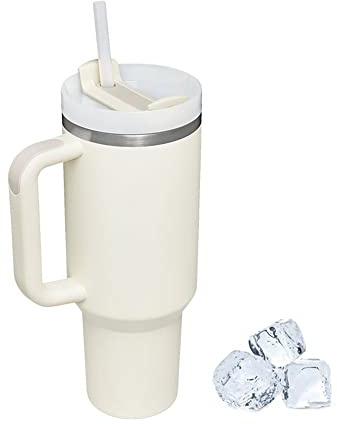 Thermobecher mit Strohhalm und Griff, 4200 ml, Thermobecher mit Griff, Reisebecher mit Henkel, Kaffeetasse aus Edelstahl, Thermobecher für Reisen, doppelt isoliert, Beige