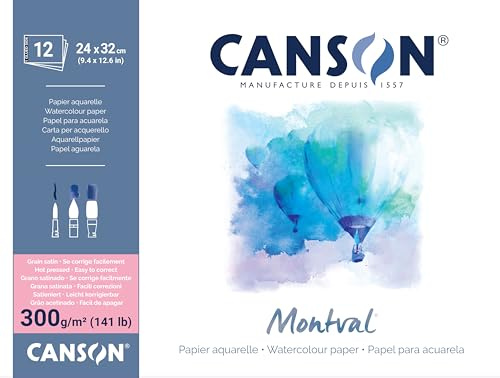 CANSON Montval Aquarellpapier, einseitig geleimter Block, Satin, 300 g/m², 12 Blatt, 24 x 32 cm