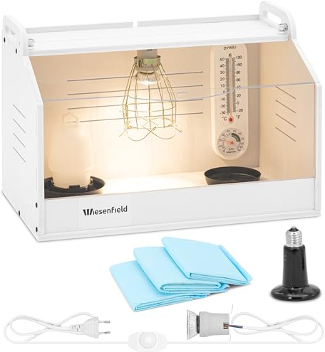 Wiesenfield Kükenaufzuchtbox bis 36 °C 48 x 30 x 32 cm Wärme und Licht regelbar inkl. Tränke Napf Hygienematten Leuchtmittel Thermo- und Hygrometer Flächenbrüter Aufzuchtbox Küken