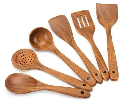 EZuncle 6 Piece Wooden Cooking Spoon Set - Ideal For Non-Stick Pans, Heat Resistant Solid Wood, Smooth Teak Cutlery For a Comfortable grip - Lightweight and Durable - Easy to Clean(6 PCS Large)