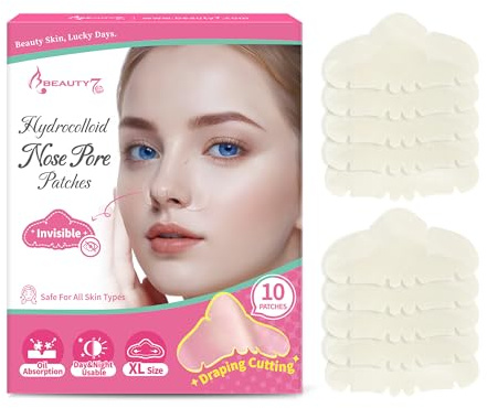Beauty7 XL Hydrokolloid Mitesserentferner Stripes 10 Stück Hydrokolloid-Nasenpflaster Mitesserentfernung Aufkleber Porenreiniger Absorbiert Öl Mitesser und Reinigende Nasenaufkleber