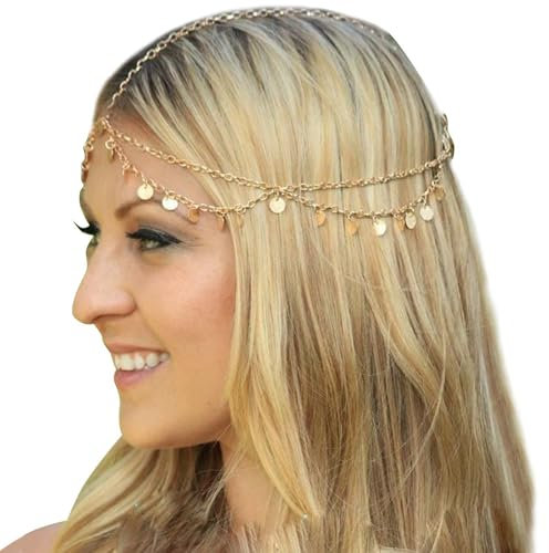 Cleminsta Kopfschmuck, Gold Kopfkette für Frauen und Mädchen Pailletten Boho Geschichtete Kopfkette Braut Quaste Kette Haarband Kopf Perle Festival Stirnband Haarschmuck Zigeuner Münze Haarkette