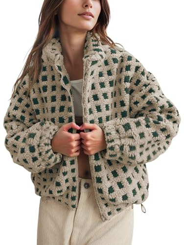 Lianlive Women Winter Sherpa Fleece Jacket Long Sleeve Zip Up Checkered Fuzzy Cropped Coats Warm Outwear with Pockets (Green-M)