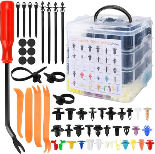 KIMIGO Set di 1420 Rivetti in Plastica per Auto - 32 Misure Universali di Clip di Fissaggio Auto,Clip di Fissaggio per Auto,Clip di Viti di Plastica,con Fascette,Distanziatori e Accessori per Utensili