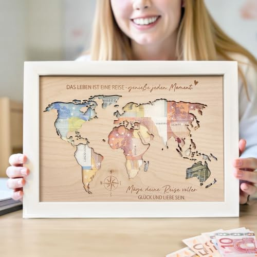 Grandora Geldgeschenk Weltkarte aus Holz - Bilderrahmen 30x21 cm | liebevolle Gravur einzigartiges Geschenk für jeden Anlass Geburtstag Weihnachten XHG1007-02