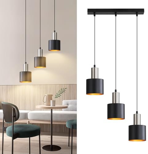 Lichtmaler Pendelleuchte Esstisch E27 Hängelampe Vintage Küchenlampe | Hängend 3 Flammig Esszimmerlampe Schwarz Gold Hängeleuchte Kücheninsel Höhenverstellbar Industrielampe Ohne Leuchtmittel